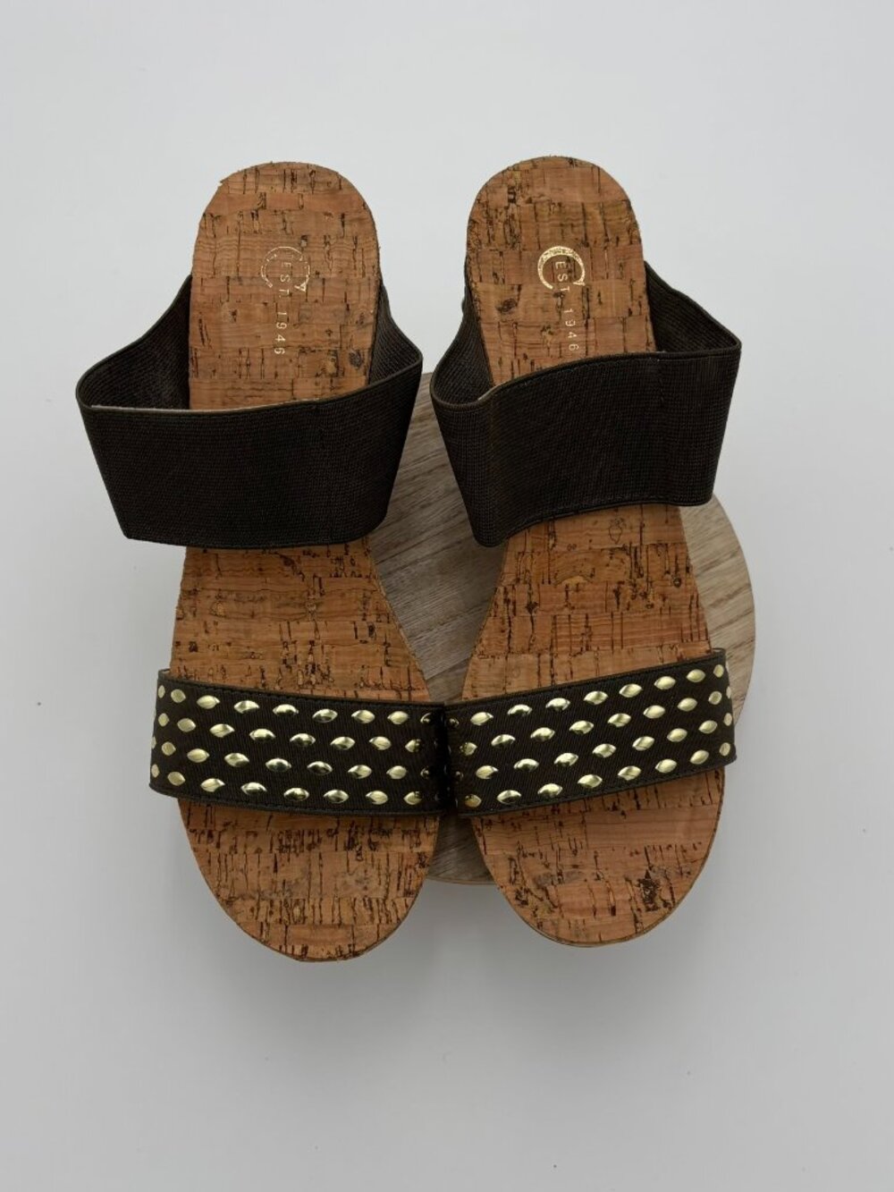 Olive Green Studded Slide Wedge Sandals Cork Platform Open Toe Slip On Shoes 9M